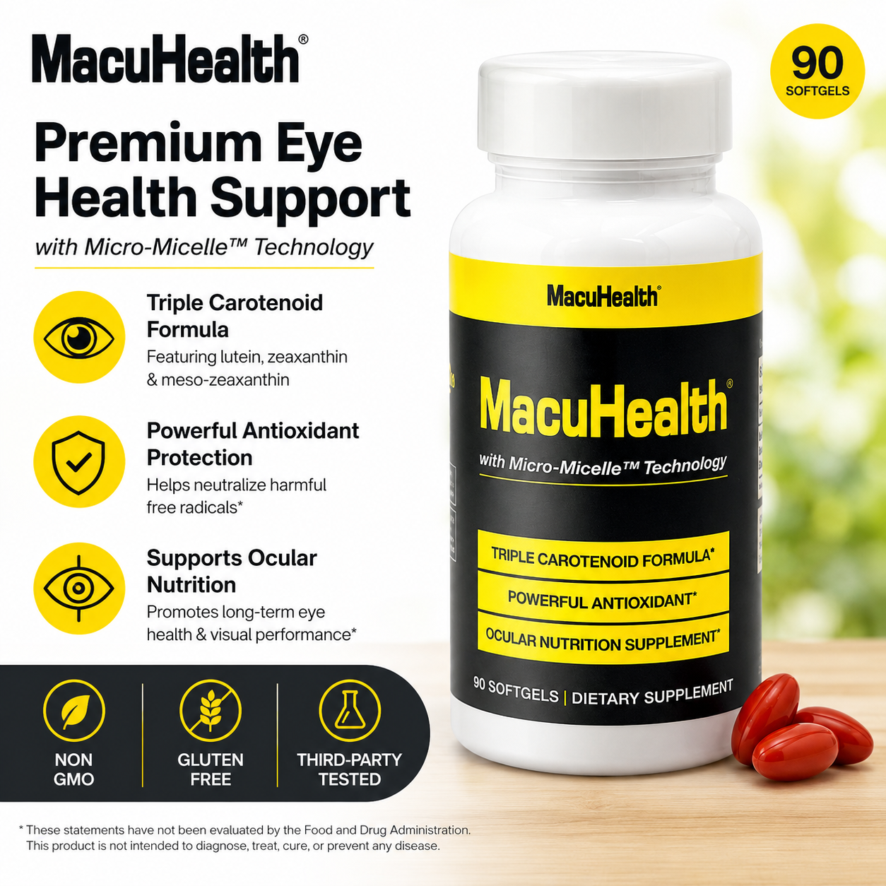 MacuHealth Triple Carotenoid Formula - Eye Vitamins for Adults - 90 Softgels, 3 Month Supply