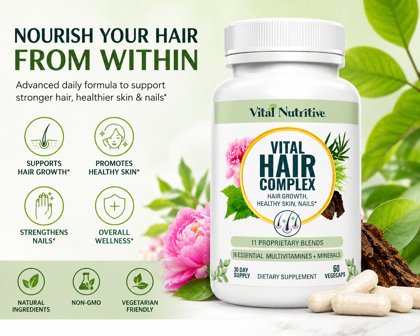 Vital Hair Complex Hair Growth Supplement, Healthy Hair Skin & Nails, 11 Proprietary Blends + 16 Essential Vitamins & Minerals, 60 VegeCaps – 30 Day Supply