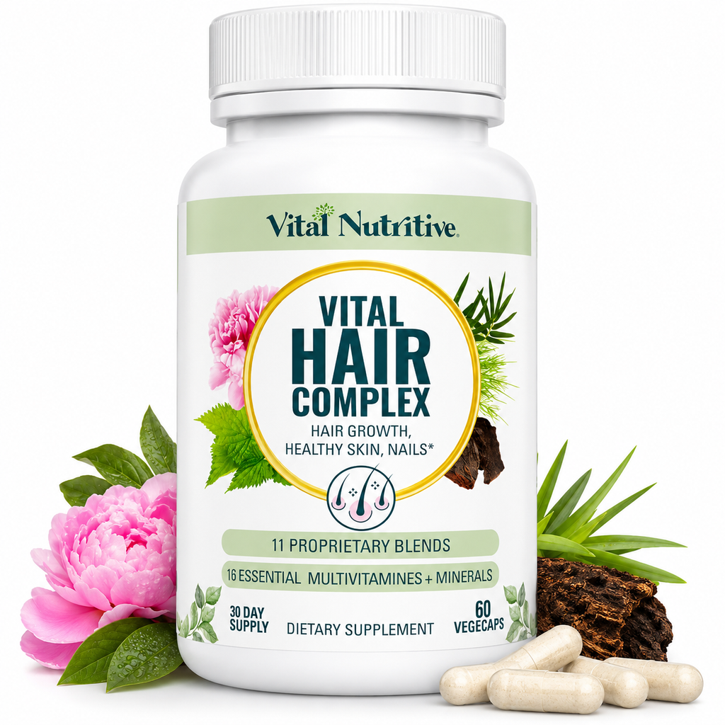 Vital Hair Complex Hair Growth Supplement, Healthy Hair Skin & Nails, 11 Proprietary Blends + 16 Essential Vitamins & Minerals, 60 VegeCaps – 30 Day Supply