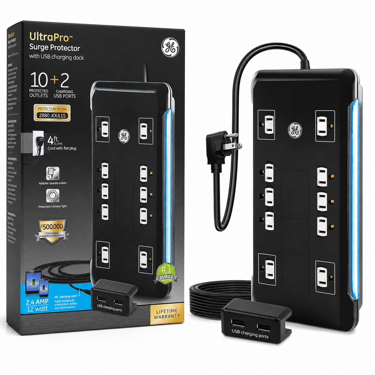 GE UltraPro Surge Protector with USB Charging Dock — 10 Outlets + 2 USB Ports, 2880J