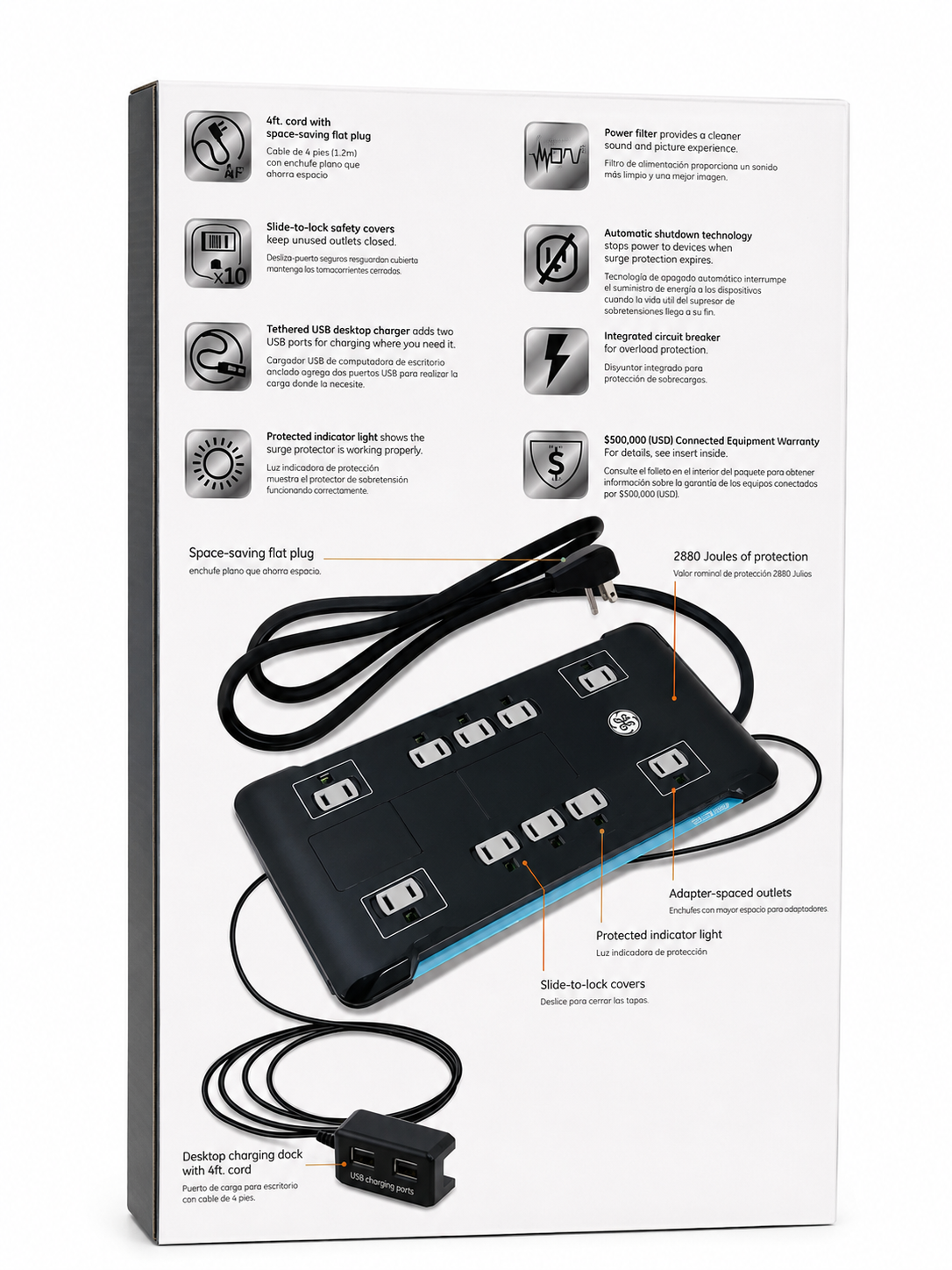 GE UltraPro Surge Protector with USB Charging Dock — 10 Outlets + 2 USB Ports, 2880J