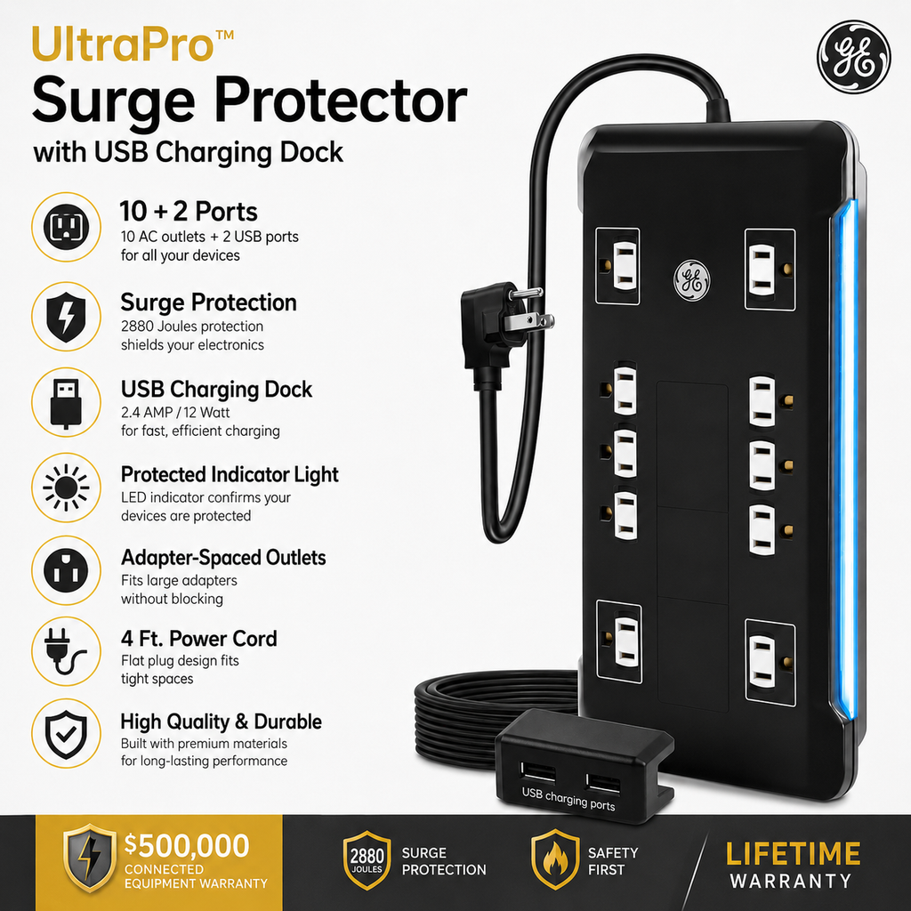 GE UltraPro Surge Protector with USB Charging Dock — 10 Outlets + 2 USB Ports, 2880J
