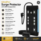 GE UltraPro Surge Protector with USB Charging Dock — 10 Outlets + 2 USB Ports, 2880J