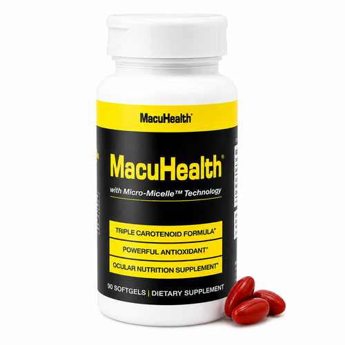 MacuHealth dietary supplement bottle with red capsules on a white background