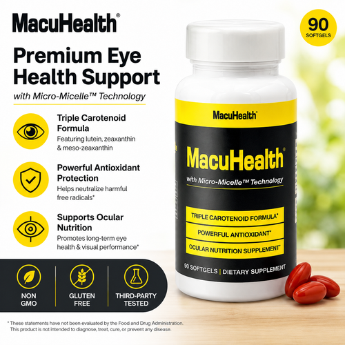 MacuHealth eye health supplement bottle with text on a blurred natural background