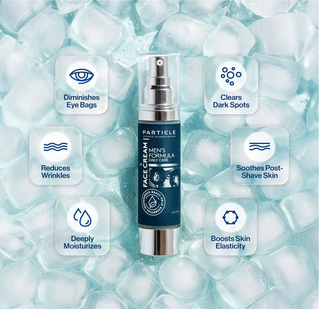 Facial cream bottle with ice cubes on a light blue background