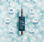 Facial cream bottle with ice cubes on a light blue background