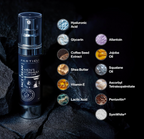 Men's face cream with ingredient labels on a dark background