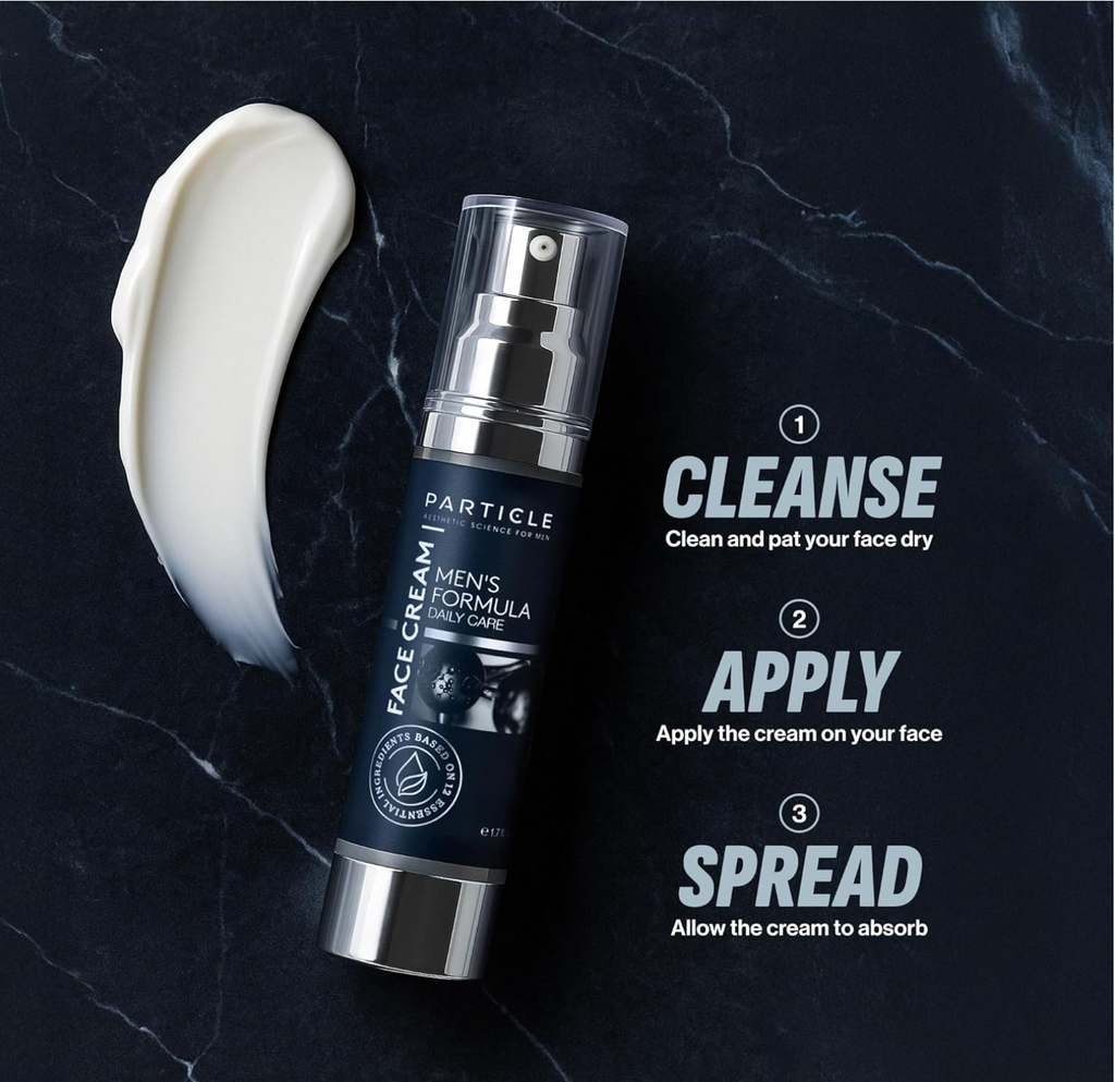 Skincare product with application instructions on a dark marble background