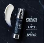 Skincare product with application instructions on a dark marble background
